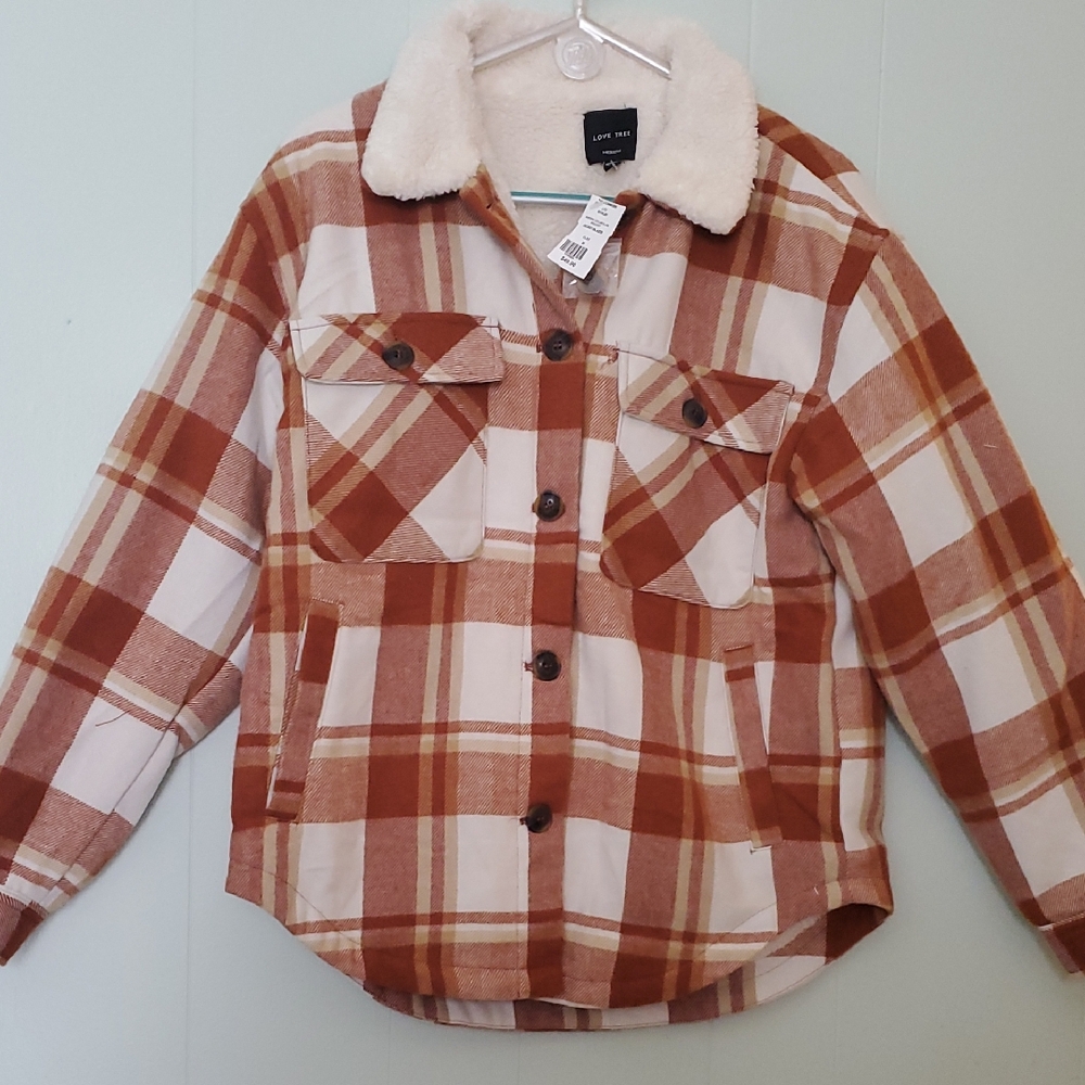 Love Tree Tan and Cream Plaid Jean Jacket with Sherpa Collar